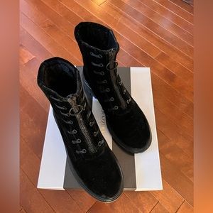 Aquazzura Kicks Velvet Zip Up Lug Sole Bootie Black 38.5